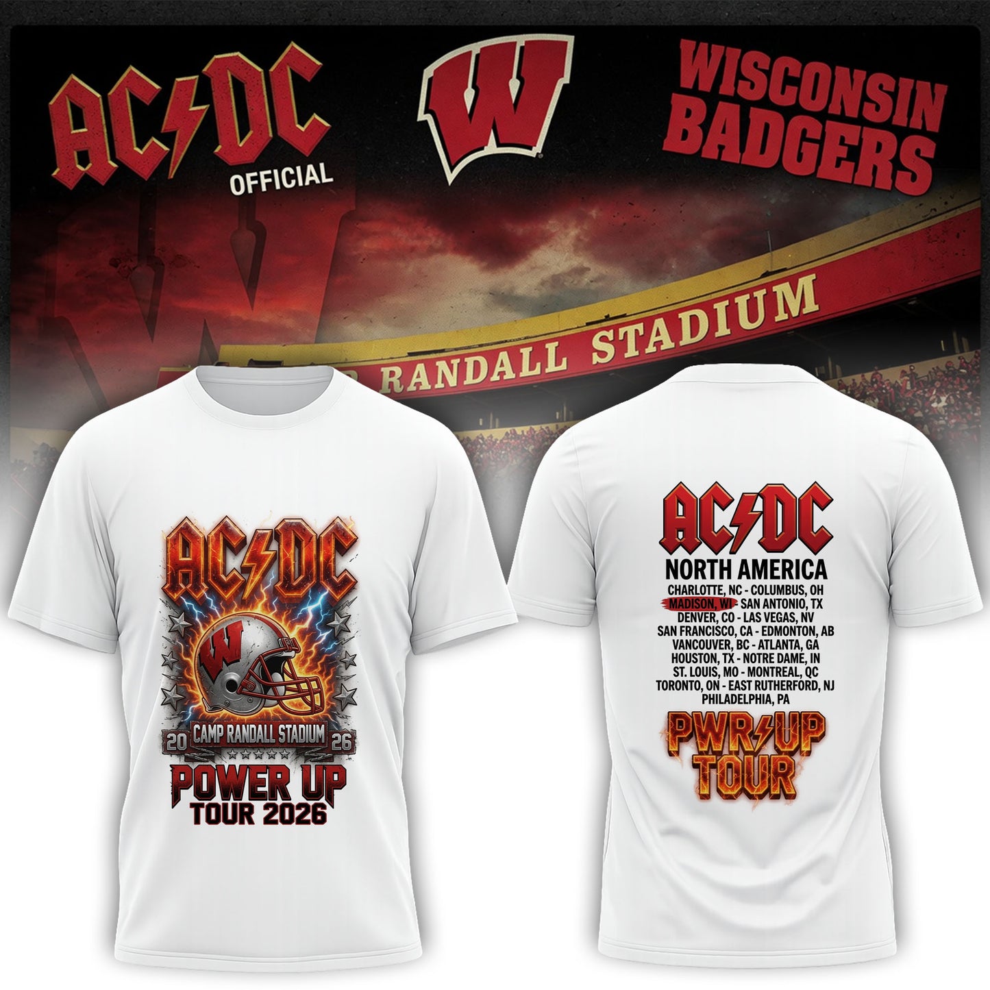 AC/DC Wisconsin Badgers Camp Randall Stadium Power Up Tour 2026 T-Shirt