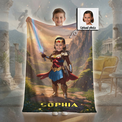 Personalized Wonder Woman Blanket Custom Photo Superhero Throw Blanket for Girls