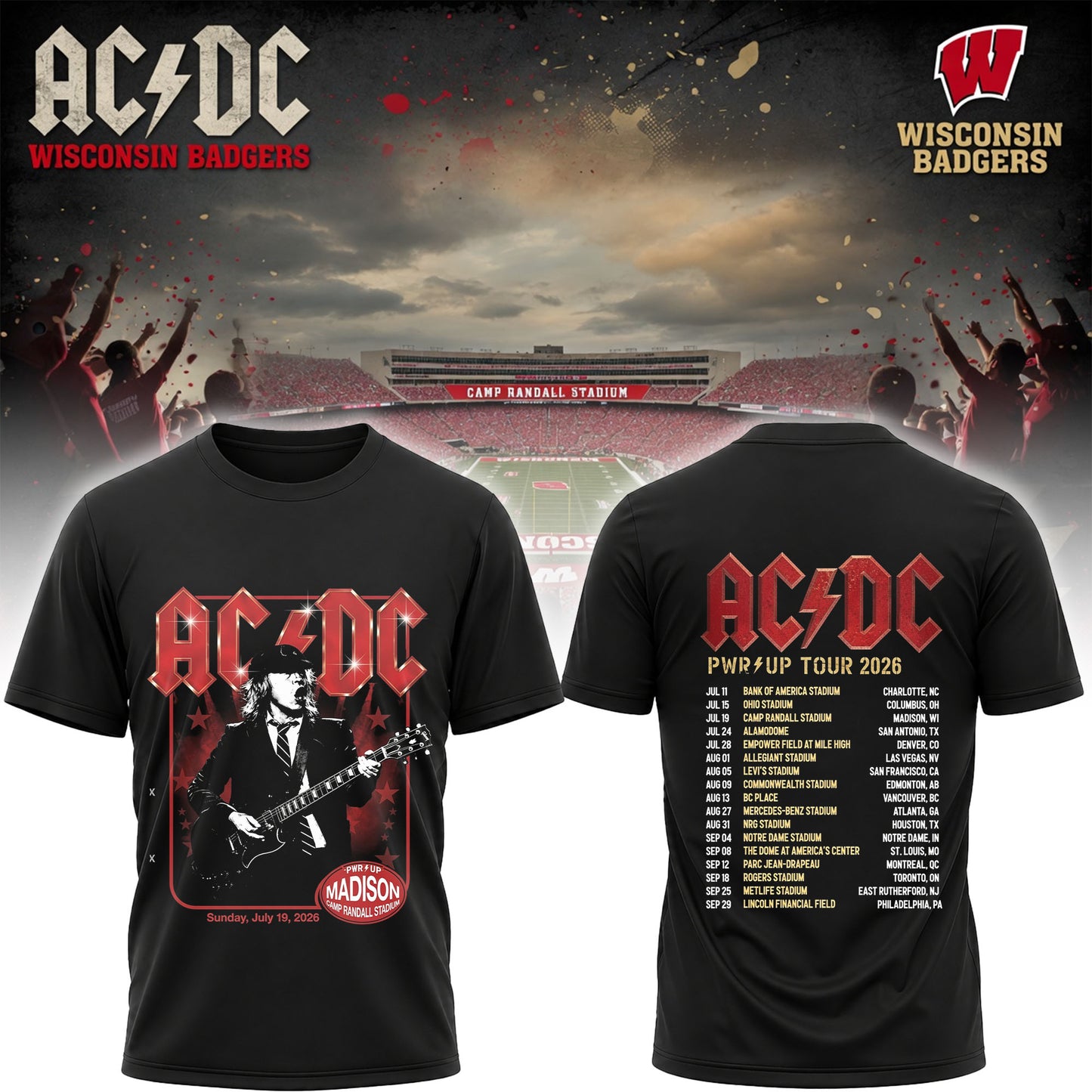 AC/DC Power Up Tour 2026 Madison Wisconsin Badgers Rock Concert T-Shirt