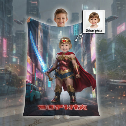Personalized Wonder Woman Blanket Custom Photo Superhero Blanket for Girls