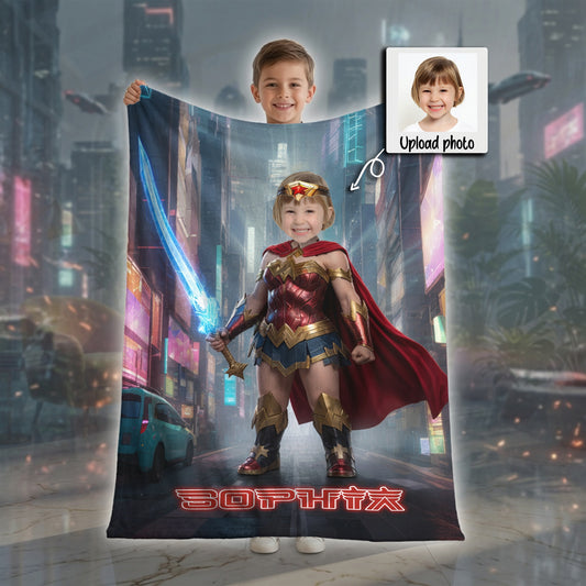 Personalized Wonder Woman Blanket Custom Photo Superhero Blanket for Girls
