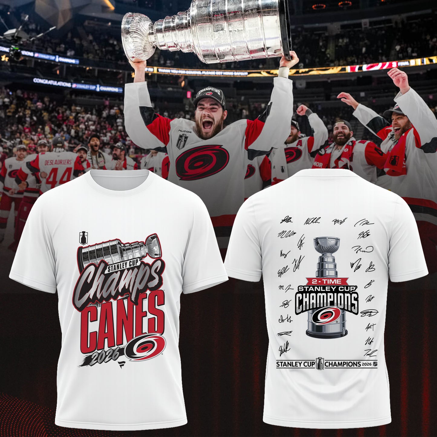 Carolina Hurricanes 2026 Stanley Cup Champions T-Shirt Double Sided Champs Canes 2-Time Stanley Cup Hockey Fan Tee