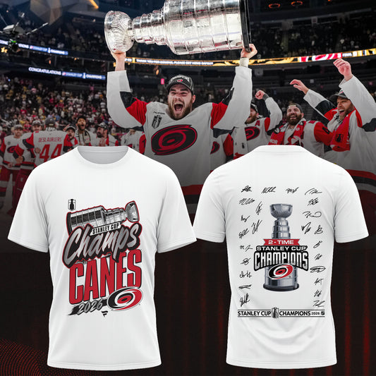 Carolina Hurricanes 2026 Stanley Cup Champions T-Shirt Double Sided Champs Canes 2-Time Stanley Cup Hockey Fan Tee