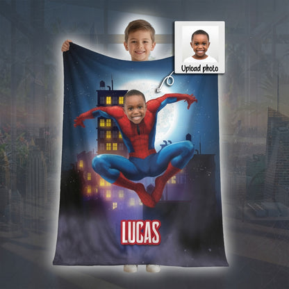 Personalized Spider Superhero Photo Blanket for Kids – Custom Face & Name Fleece Throw Gift