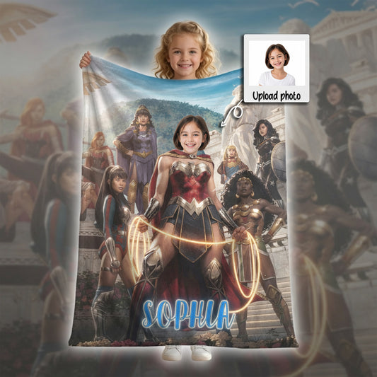 Personalized Wonder Woman Blanket Custom Photo Superhero Throw Blanket for Girls
