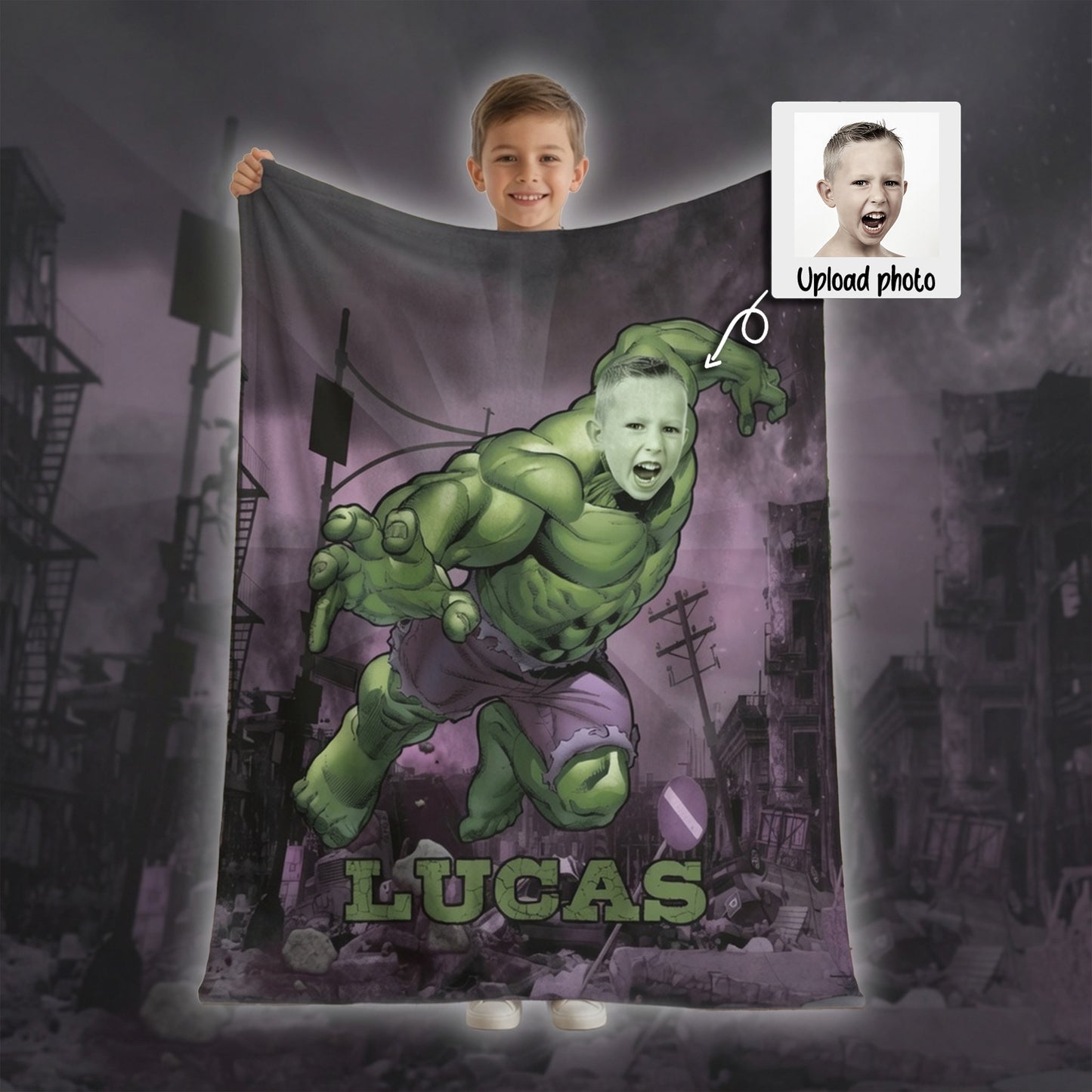 Personalized Hulk Photo Blanket for Kids – Custom Name Superhero Fleece Throw Gift