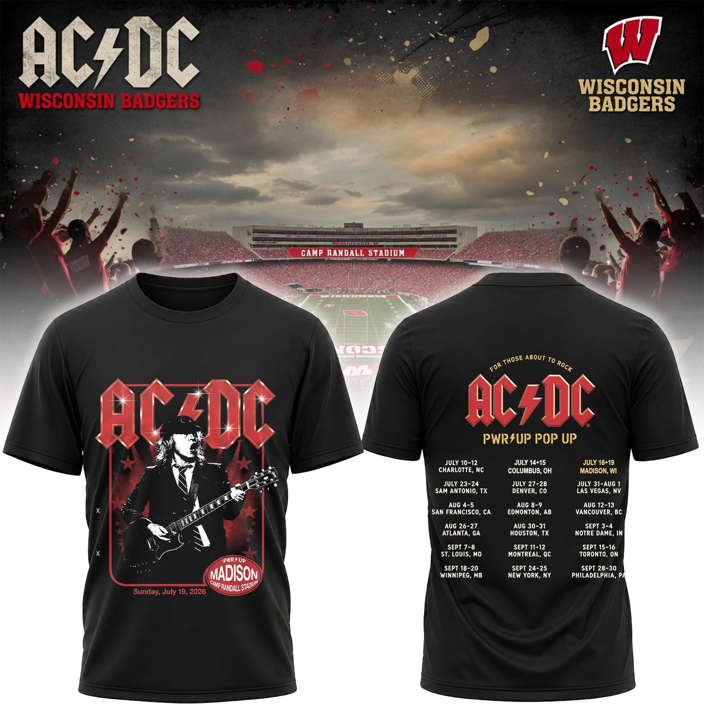 AC/DC PWR UP Madison Wisconsin Badgers Shirt