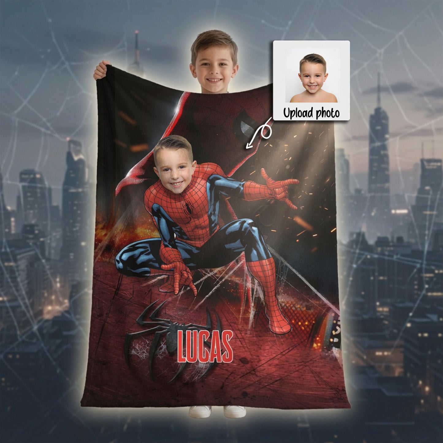 Personalized Spider Superhero Photo Blanket - Custom Face Hero Blanket for Boys