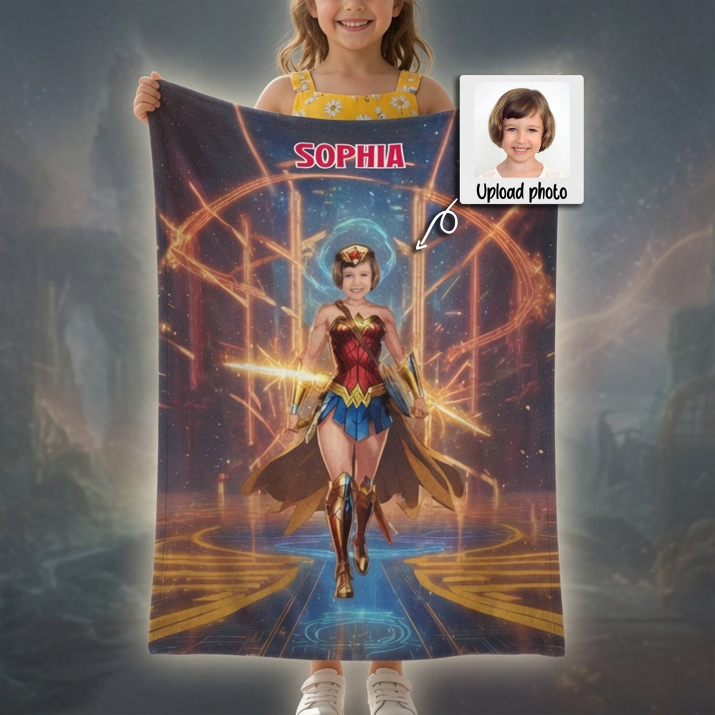 Personalized Superhero Girl Photo Blanket - Custom Face Wonder Hero Fleece Blanket