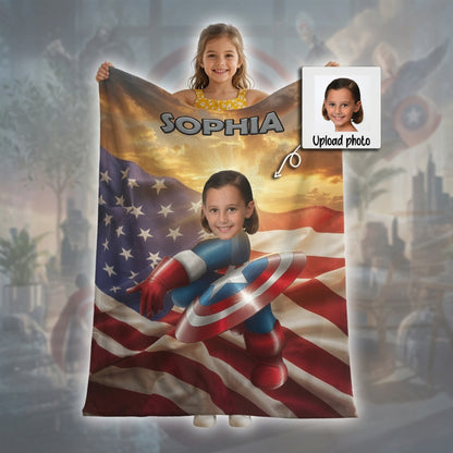 Personalized Superhero Photo Blanket for Kids - Custom Face Blanket with Name