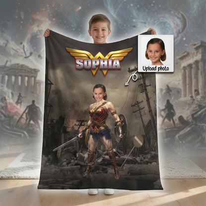 Personalized Wonder Woman Blanket Custom Photo Superhero Throw Blanket for Girls Kids