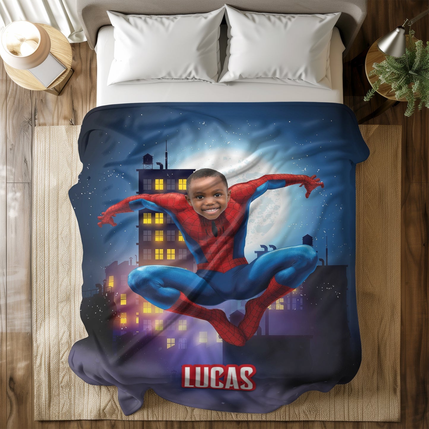 Personalized Spider Superhero Photo Blanket for Kids – Custom Face & Name Fleece Throw Gift