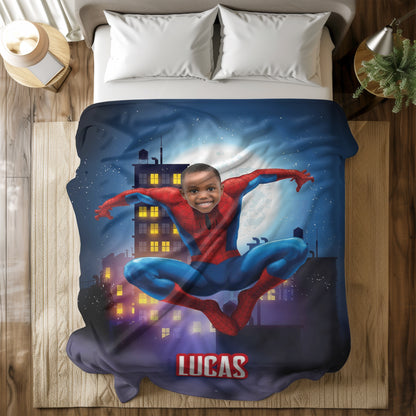 Personalized Spider Superhero Photo Blanket for Kids – Custom Face & Name Fleece Throw Gift