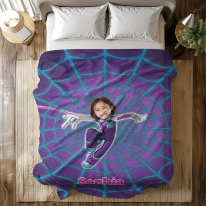 Personalized Spider Girl Photo Blanket - Custom Superhero Face Blanket for Girls