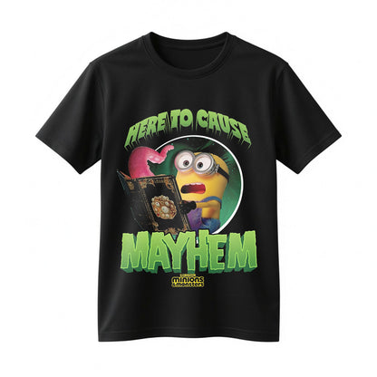 Here to Cause Mayhem Funny Halloween Minion Inspired T-Shirt