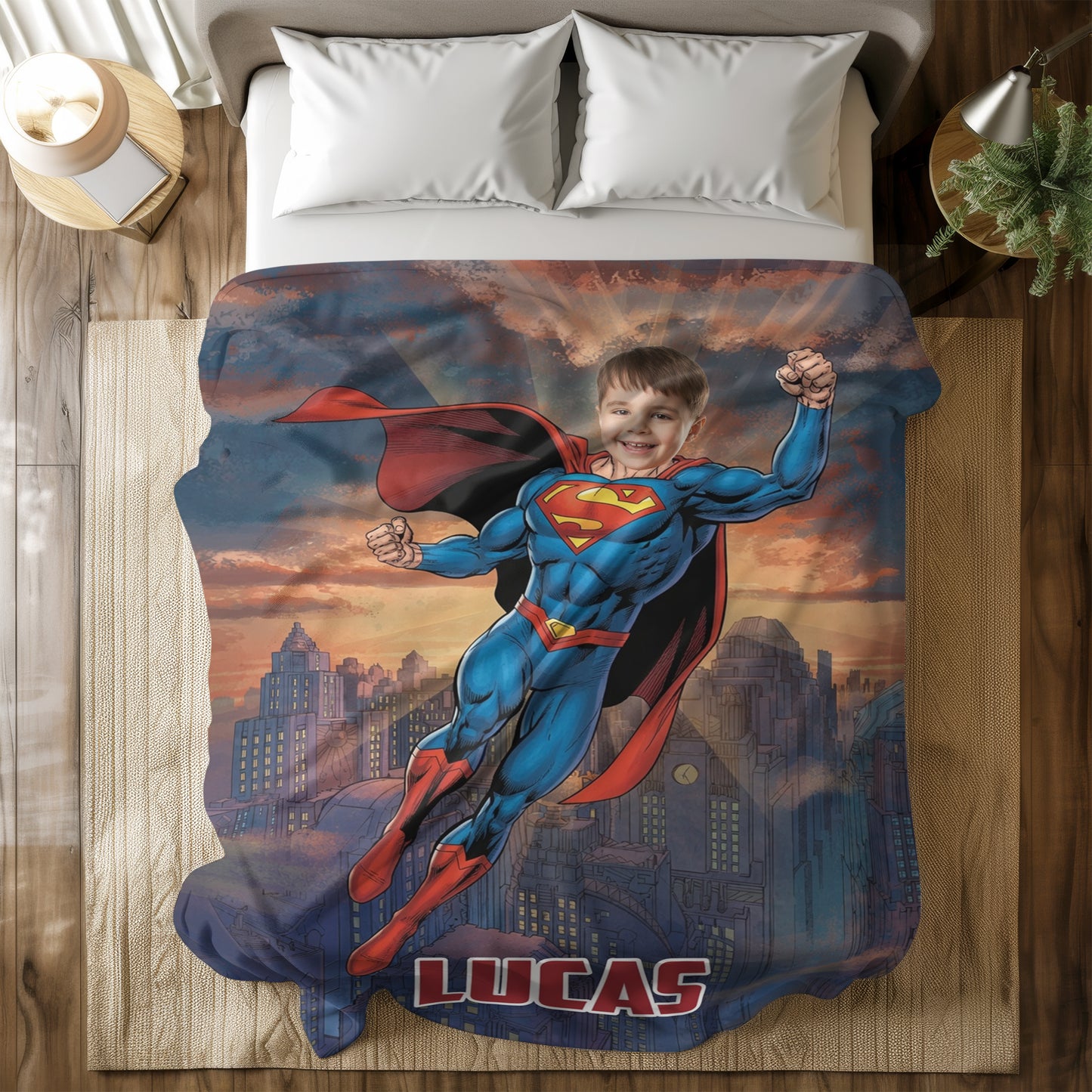 Personalized Superhero Flying Photo Blanket for Kids – Custom Face & Name Fleece Throw Gift