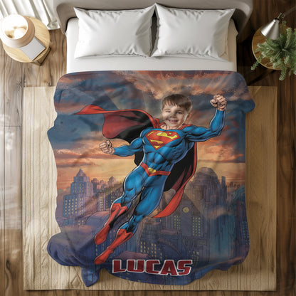 Personalized Superhero Flying Photo Blanket for Kids – Custom Face & Name Fleece Throw Gift