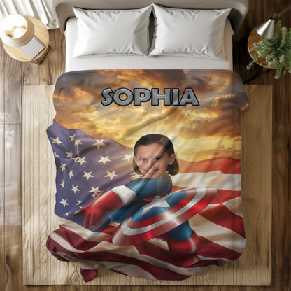 Personalized Superhero Photo Blanket for Kids - Custom Face Blanket with Name