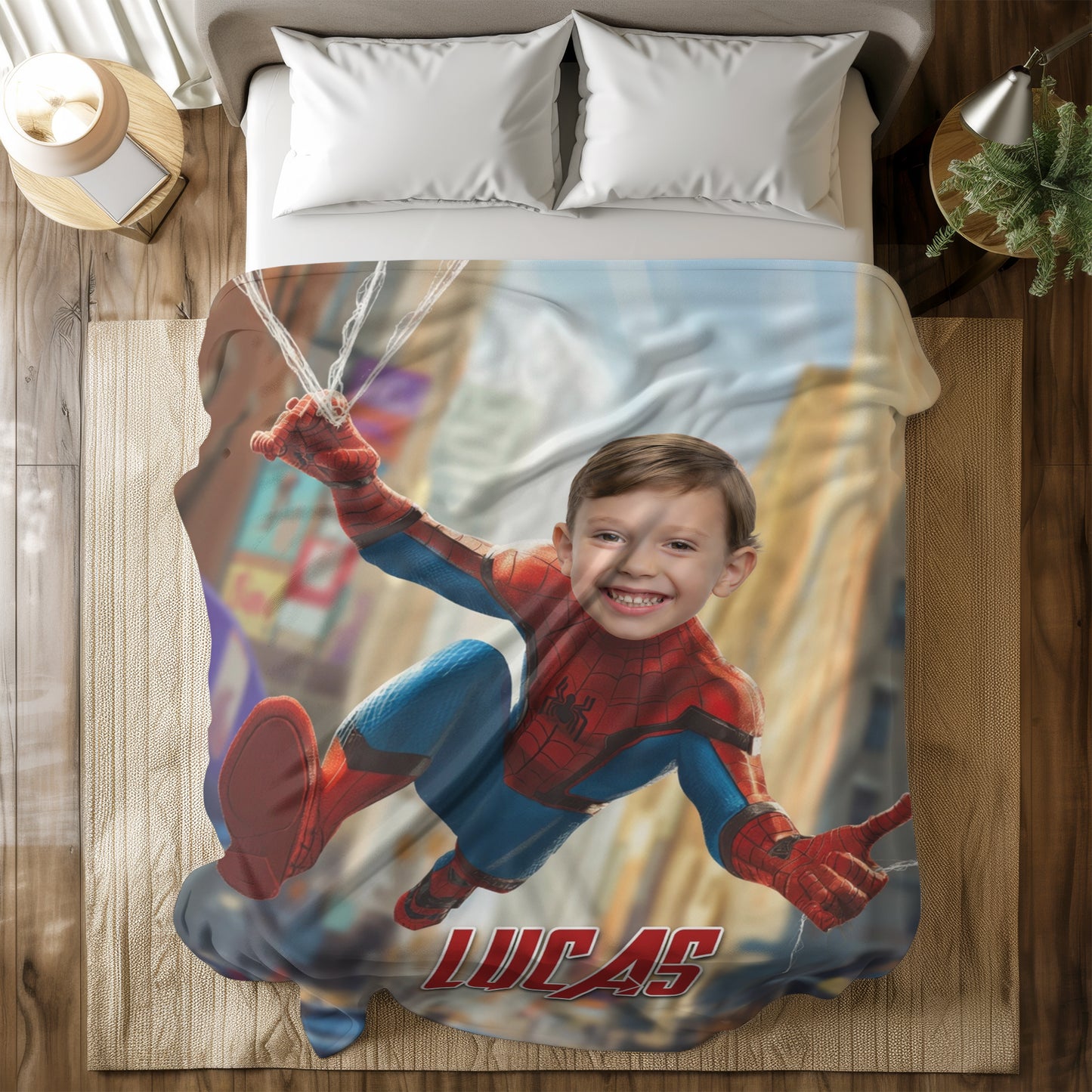 Personalized Spider Superhero Web-Swing Photo Blanket for Kids