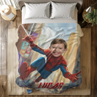 Personalized Spider Superhero Web-Swing Photo Blanket for Kids