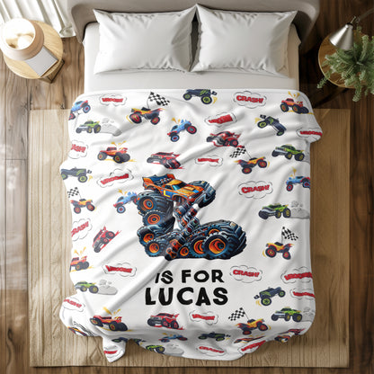 Personalized Monster Truck Blanket for Boys - Custom Name Truck Blanket