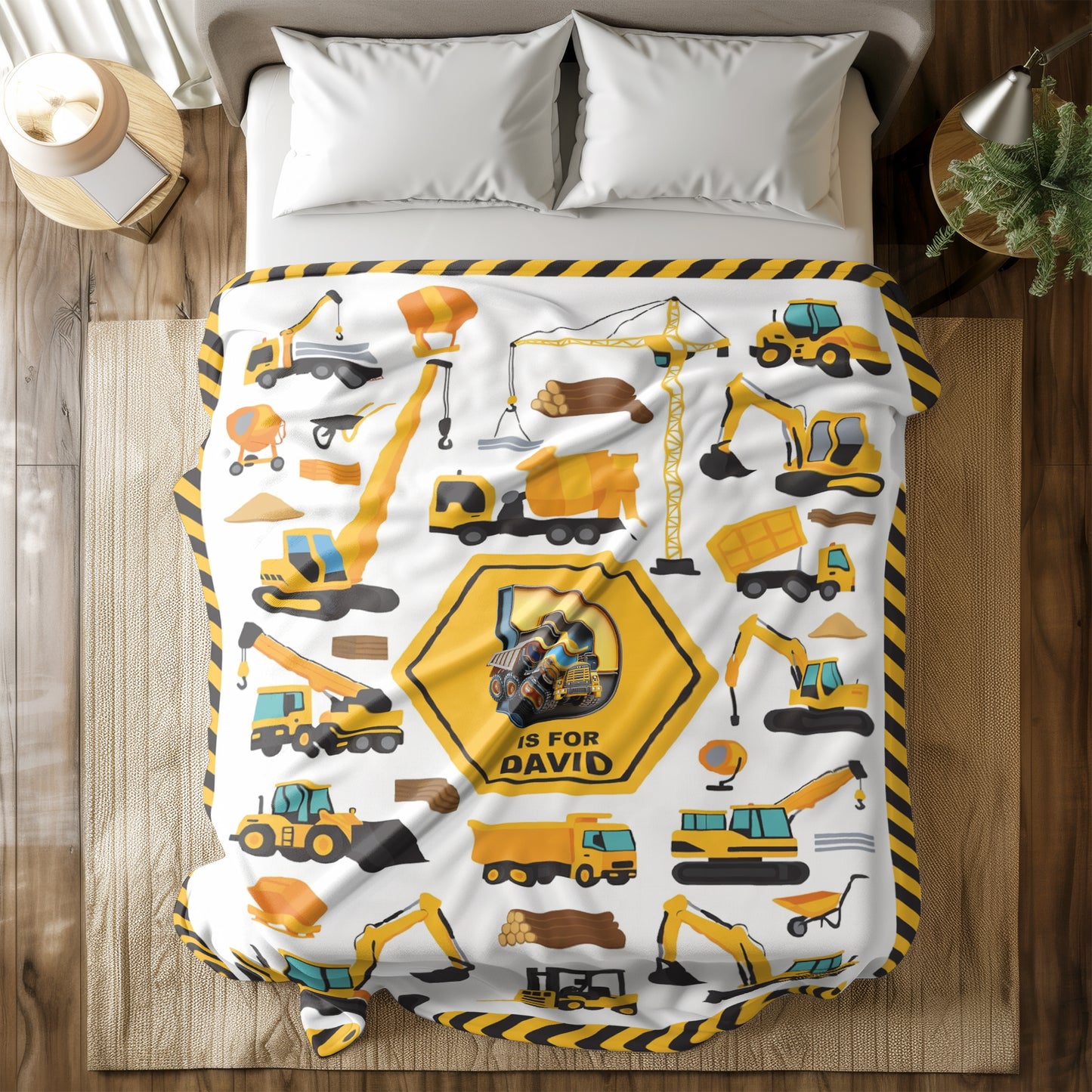 Personalized Construction Vehicle Blanket for Boys