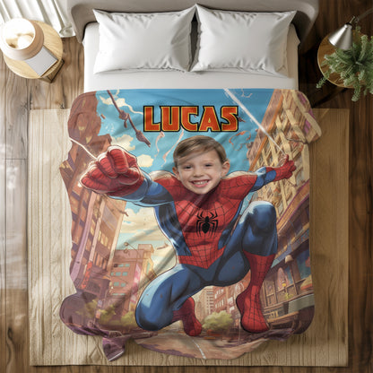Personalized Spider Superhero Flying Photo Blanket for Kids – Custom Face & Name Fleece Throw Gift