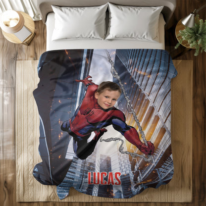 Personalized Spider Superhero Swing Photo Blanket for Kids – Custom Face & Name Fleece Throw Gift
