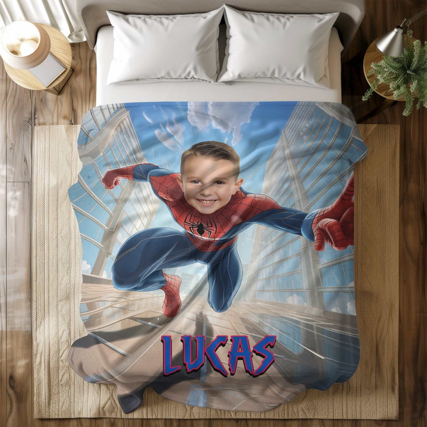 Personalized Spider Superhero Action Photo Blanket for Kids – Custom Face & Name Fleece Throw Gift
