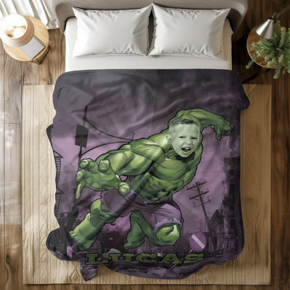 Personalized Hulk Photo Blanket for Kids – Custom Name Superhero Fleece Throw Gift