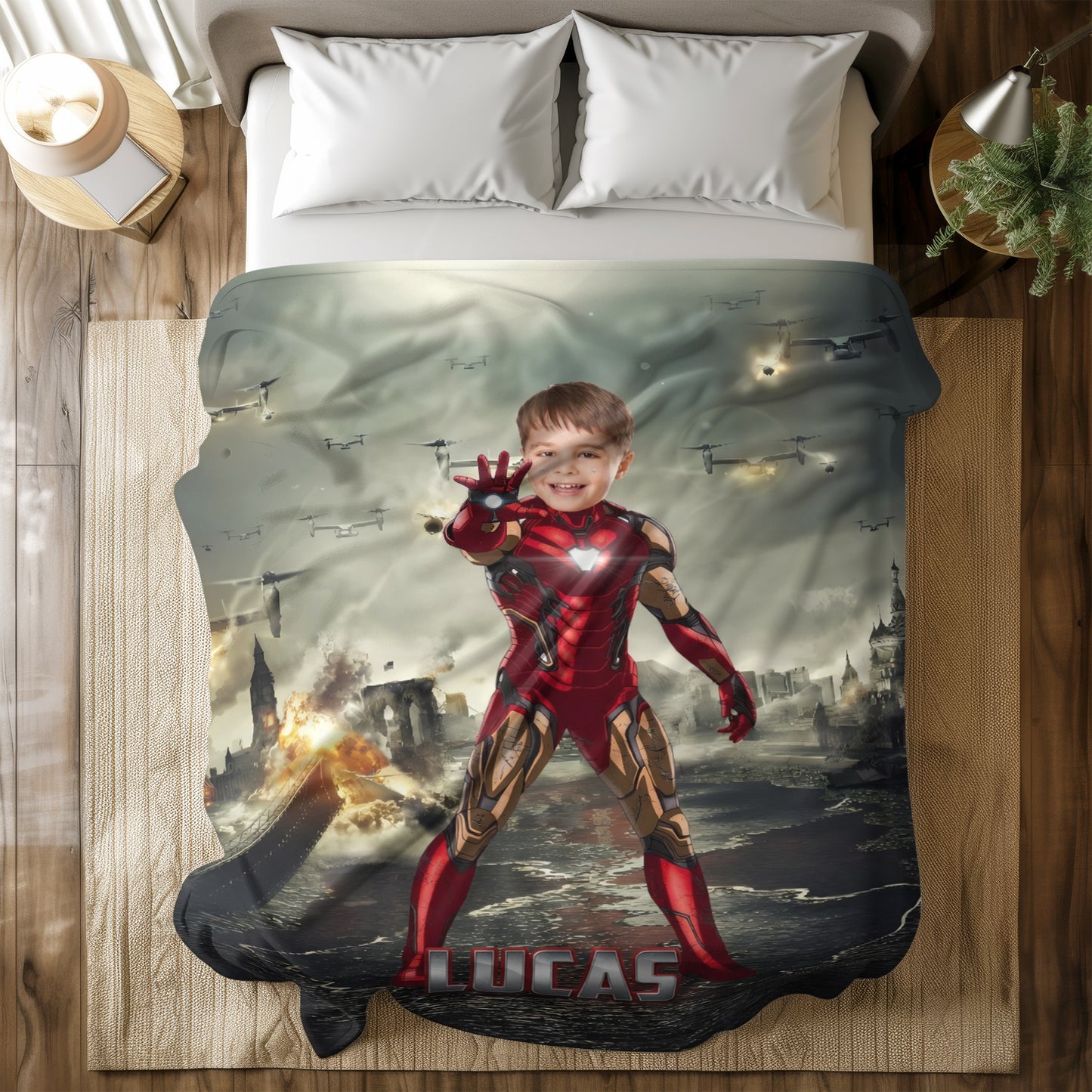 Personalized Iron Superhero Photo Blanket for Kids – Custom Face & Name Fleece Throw Gift