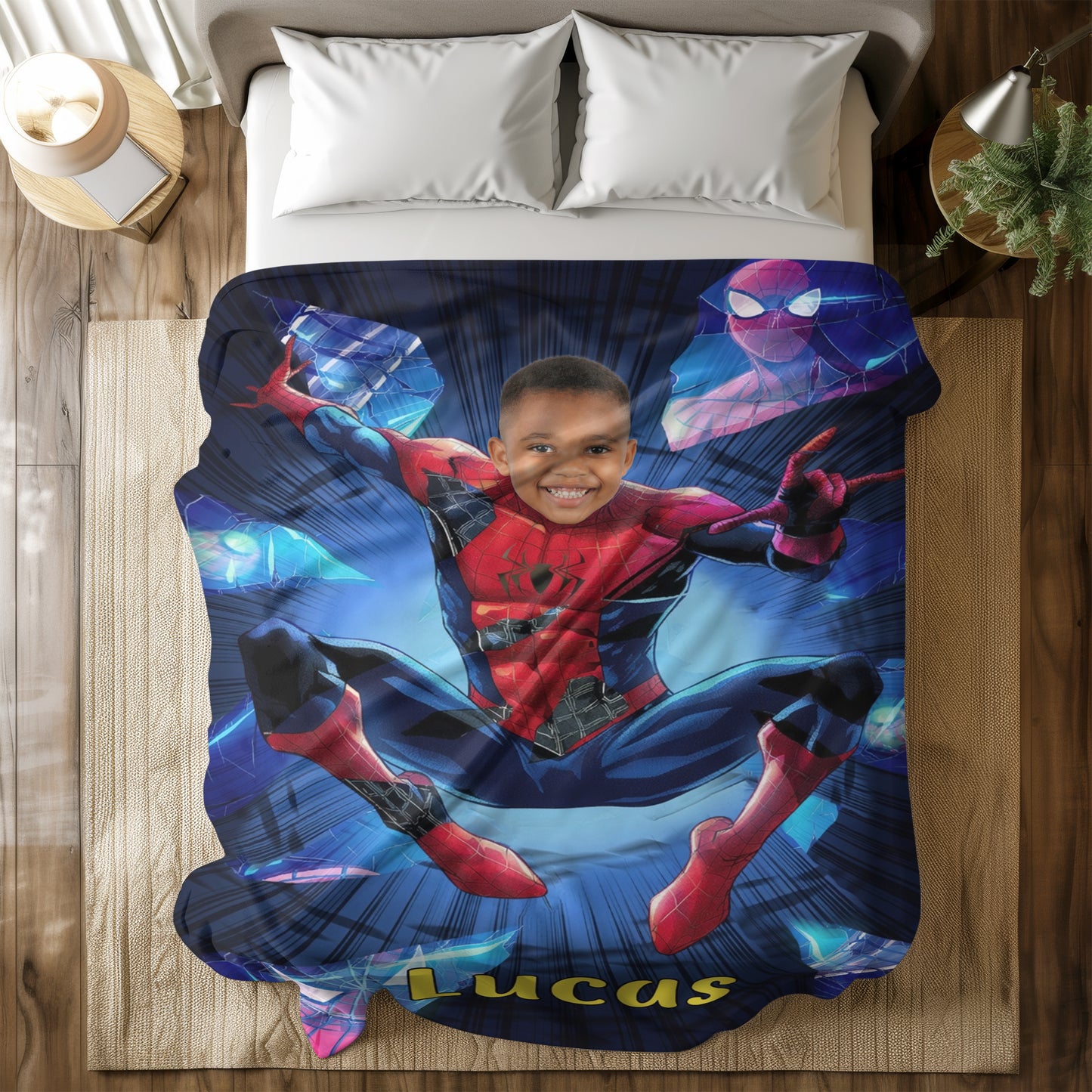 Personalized Spider Hero Blanket with Photo - Custom Kids Superhero Fleece Blanket