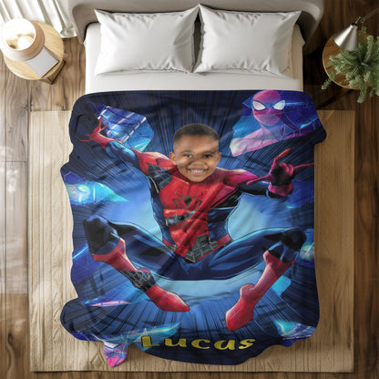 Personalized Spider Hero Blanket with Photo - Custom Kids Superhero Fleece Blanket