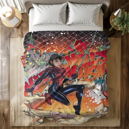 Personalized Spider Hero Girl Blanket with Photo - Custom Superhero Fleece Blanket for Girls