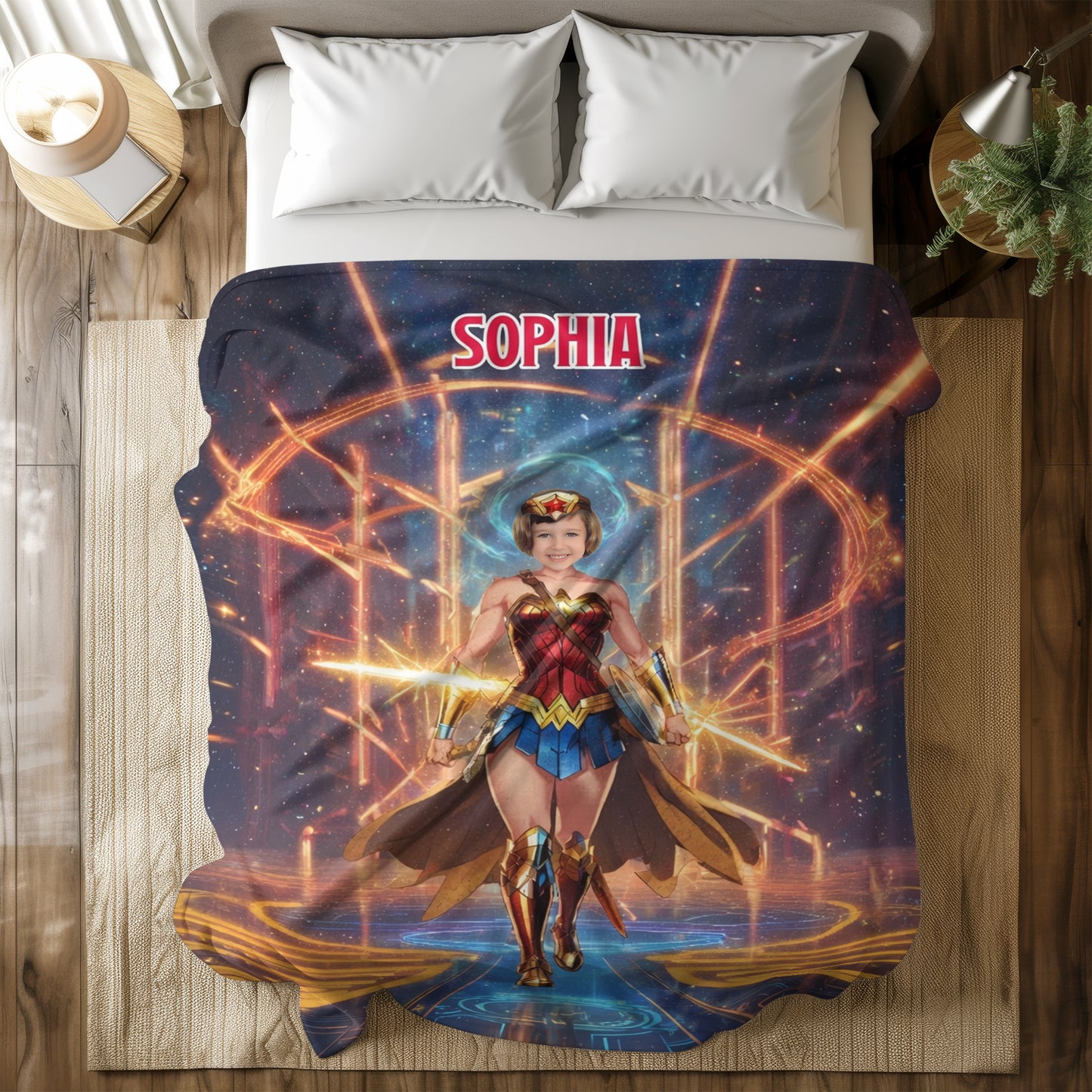 Personalized Superhero Girl Photo Blanket - Custom Face Wonder Hero Fleece Blanket