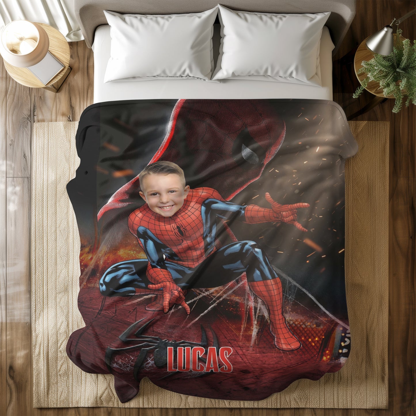 Personalized Spider Superhero Photo Blanket - Custom Face Hero Blanket for Boys