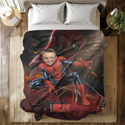 Personalized Spider Superhero Photo Blanket - Custom Face Hero Blanket for Boys