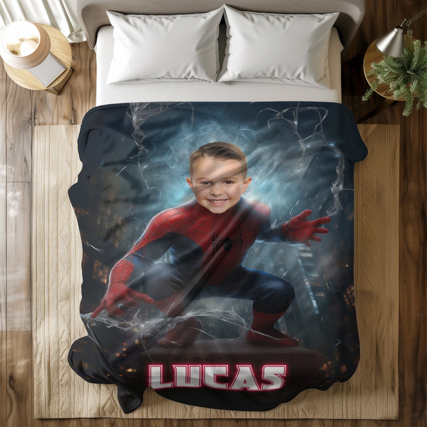 Personalized Spider Superhero Night Action Photo Blanket for Kids