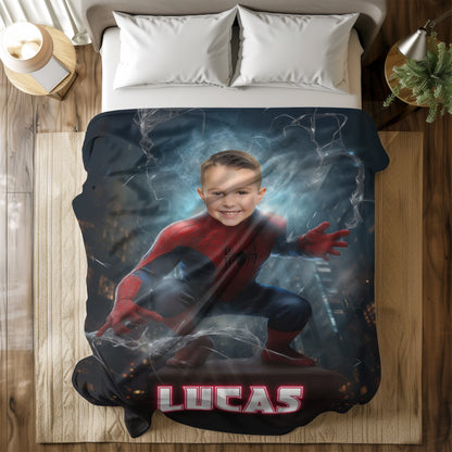 Personalized Spider Superhero Night Action Photo Blanket for Kids