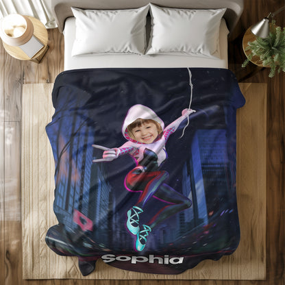 Personalized Spider Girl Photo Blanket - Custom Superhero Face Blanket for Girls