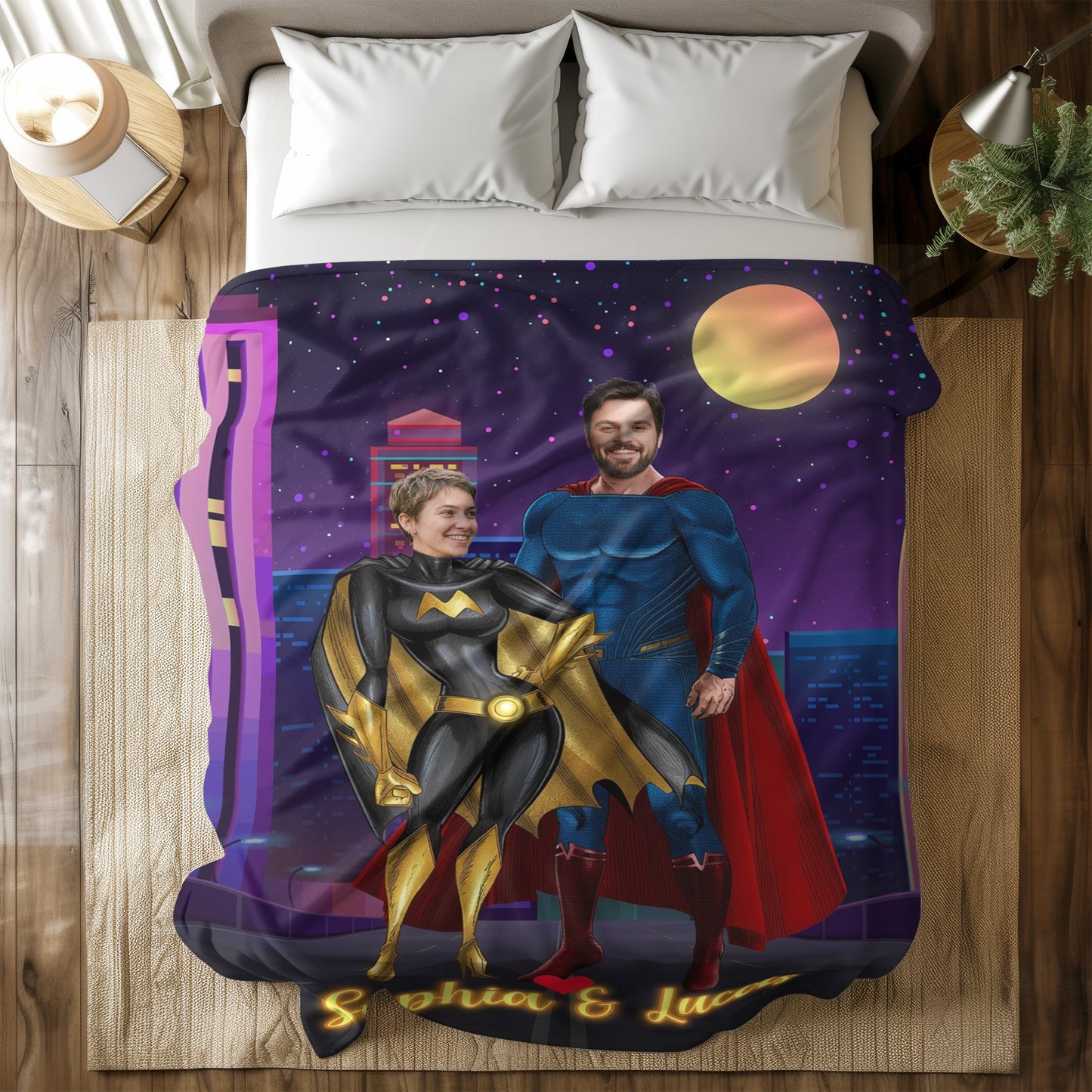 Personalized Superhero Couple Photo Blanket – Custom Two Faces & Names Fleece Throw Gift for Couples
