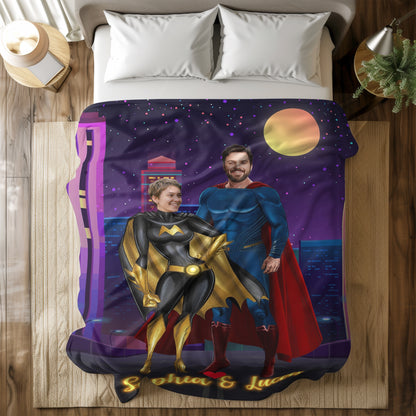 Personalized Superhero Couple Photo Blanket – Custom Two Faces & Names Fleece Throw Gift for Couples
