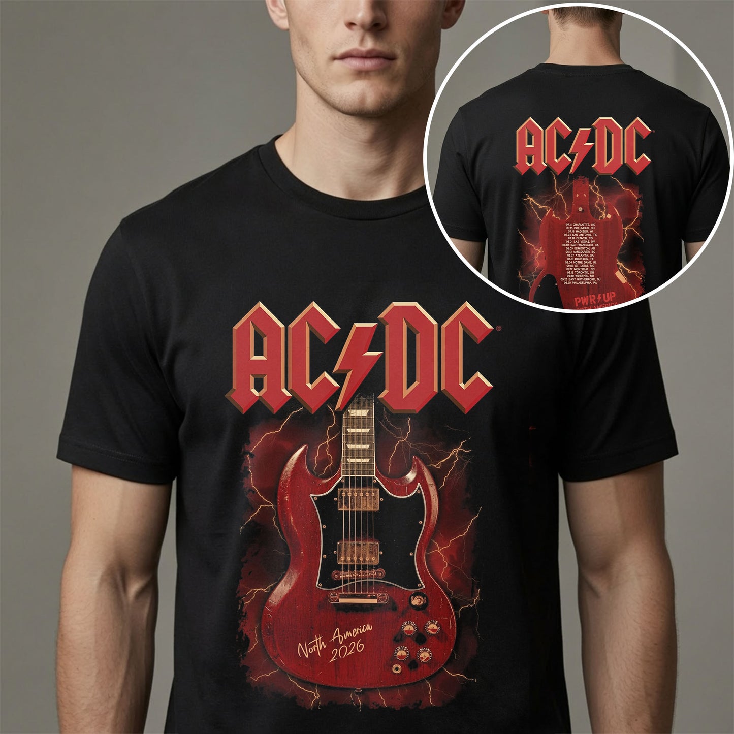 AC/DC High Voltage Rock 'N' Roll PWR UP 2026 Guitar Double-Sided Black Concert T-Shirt