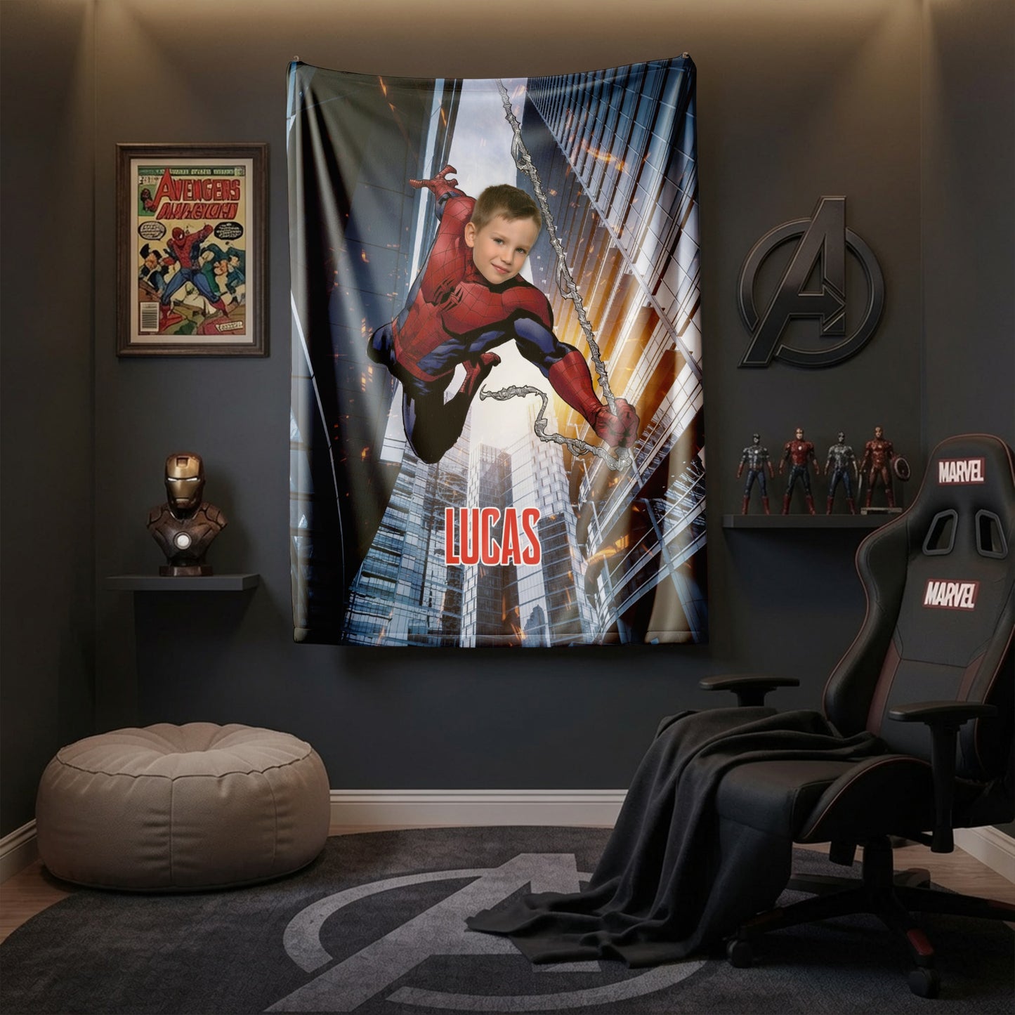 Personalized Spider Superhero Swing Photo Blanket for Kids – Custom Face & Name Fleece Throw Gift