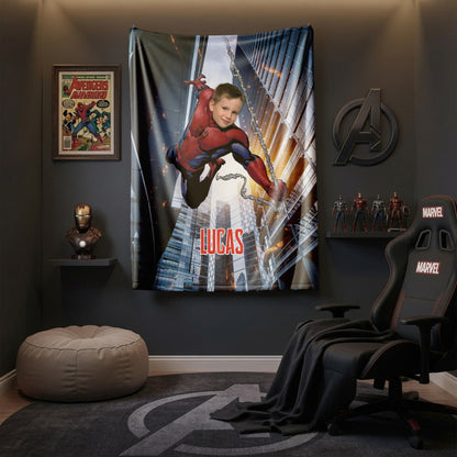 Personalized Spider Superhero Swing Photo Blanket for Kids – Custom Face & Name Fleece Throw Gift