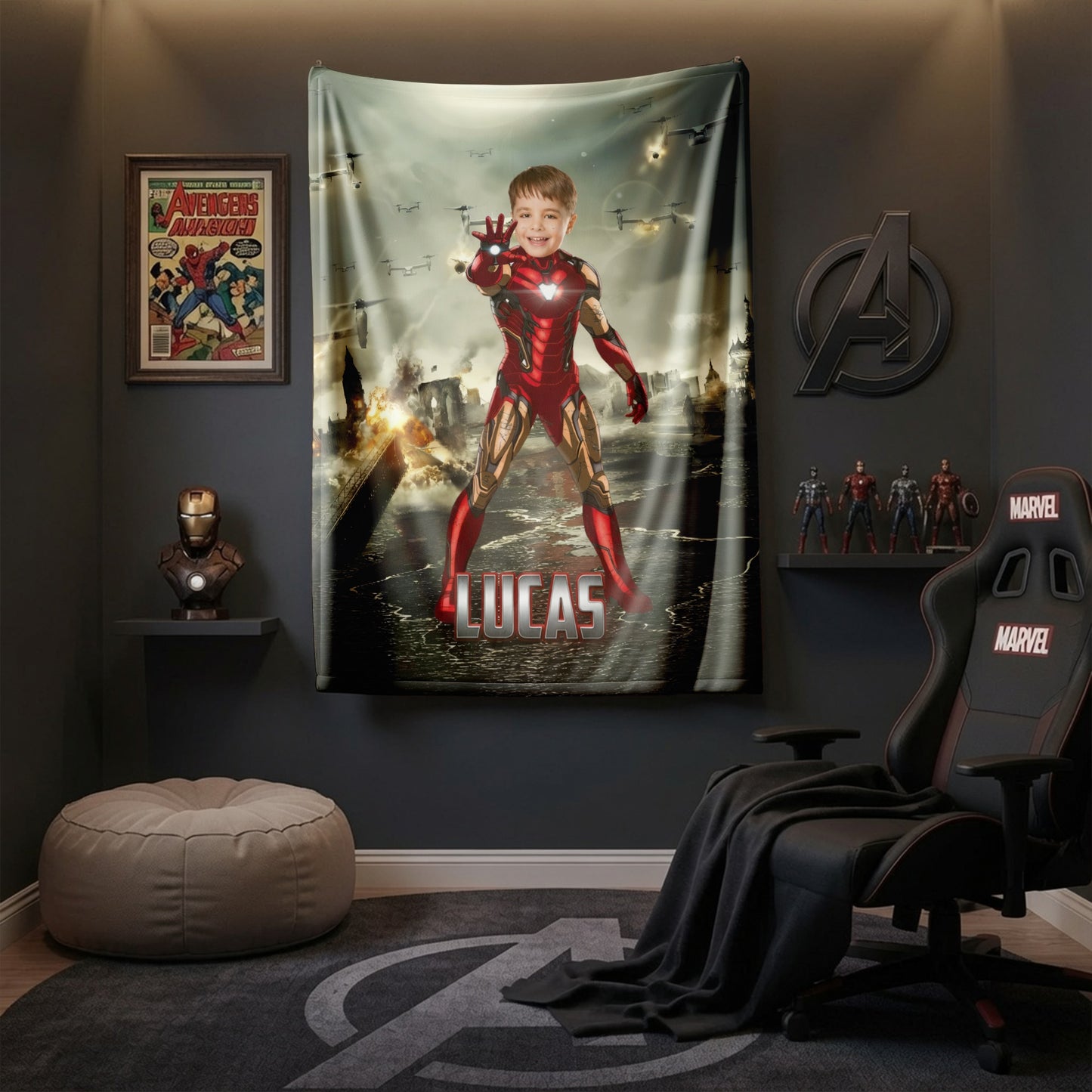 Personalized Iron Superhero Photo Blanket for Kids – Custom Face & Name Fleece Throw Gift