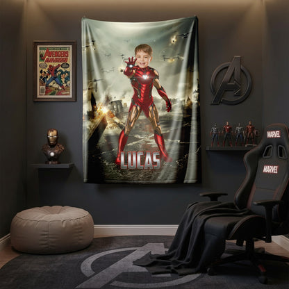 Personalized Iron Superhero Photo Blanket for Kids – Custom Face & Name Fleece Throw Gift