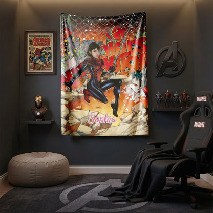 Personalized Spider Hero Girl Blanket with Photo - Custom Superhero Fleece Blanket for Girls