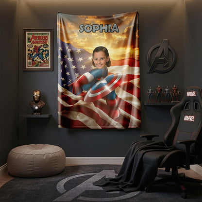 Personalized Superhero Photo Blanket for Kids - Custom Face Blanket with Name