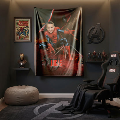 Personalized Spider Superhero Photo Blanket - Custom Face Hero Blanket for Boys